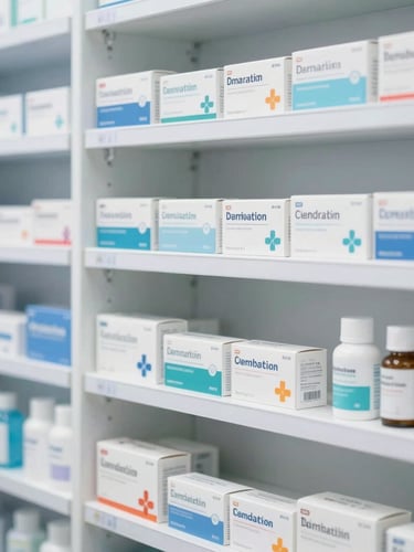 Clean, modern pharmacy shelves with neatly arranged certified medication boxes and personal care products, soft clinical lighting, shallow depth of field, bright blue and white tones.