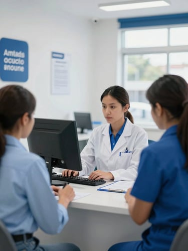 Bright clinical and secure financial counter, professional staff handling a transaction, clean blue and white tones, soft natural daylight, Ecuador local context