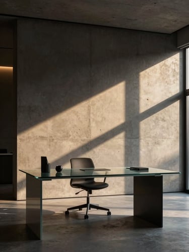 Sleek architectural office interior with high-contrast light and shadow play, concrete textures, a minimalist glass desk with premium black stationery, soft golden-hour highlights, editorial photography style.