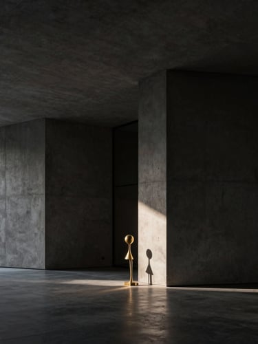 Architectural shot of a modern minimalist concrete office lobby with deep shadows and a single beam of golden light hitting a brass sculpture, editorial photography, 35mm lens.