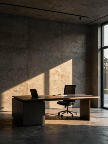 Sleek modern architectural office with concrete walls and dramatic golden-hour sunlight casting long shadows across a minimalist desk