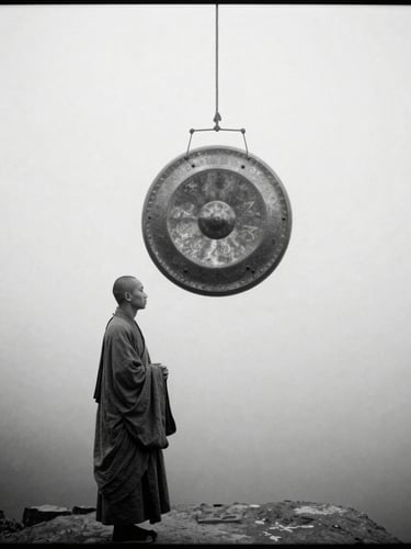 A solitary Zen monk standing in mist, a large bronze gong suspended in mid-air beside him with no visible support, high-contrast monochrome photography, 35mm