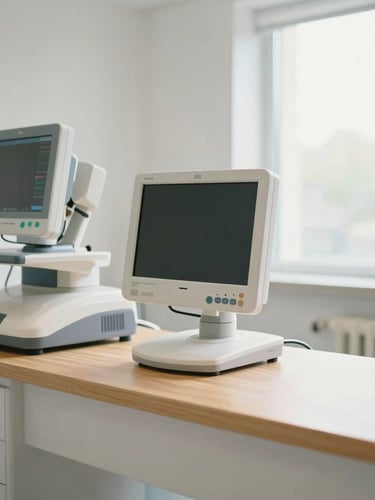 A bright, clean veterinary surgery room with high-tech diagnostic monitors and a warm wood counter, soft natural light coming through a window, professional and sterile but inviting, shallow depth of field