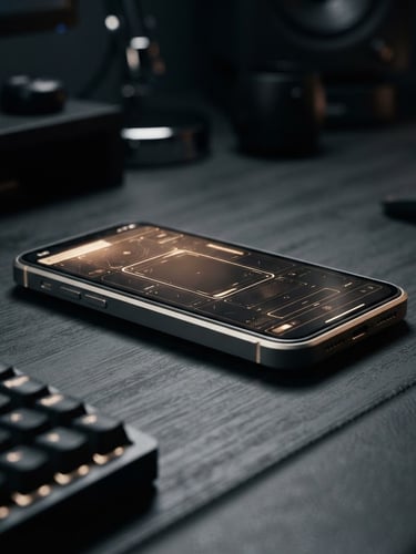 Macro shot of a sleek modern workspace, low-key dramatic studio lighting, deep charcoal and champagne gold tones, sharp focus on a premium device displaying a flawless layout, 35mm