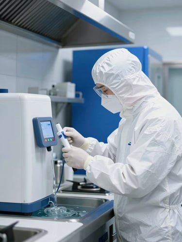 A professional technician in a sterile white protective suit and mask, using a precise digital sensor to test water quality in a modern, immaculate commercial kitchen. Bright neutral daylight, deep slate blue tones.