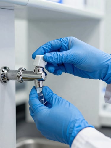 Close-up of a technician hands in blue sterile gloves taking a water sample from a stainless steel tap, bright daylight, clinical laboratory setting, sharp focus