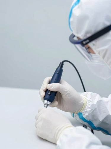 Close-up of a professional technician in clean white protective gear using a precise digital sensor near a pristine surface, clinical neutral daylight, high-key lighting
