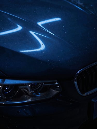 Extreme close-up of a freshly polished black BMW hood reflecting sharp blue neon lights, wet-look finish, dramatic low-key lighting, deep shadows, 35mm lens