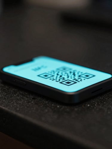 Close-up macro shot of a sleek NFC countertop stand on a dark polished counter, subtle cyan ambient glow emanating from the card surface, shallow depth of field, moody directional lighting from the left, no barcodes or QR codes visible anywhere on the stand