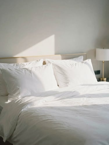 Pristine white pressed linens on a grand king-size bed in a sunlit luxury hotel suite, minimalist architectural window shadows, editorial photography, 35mm