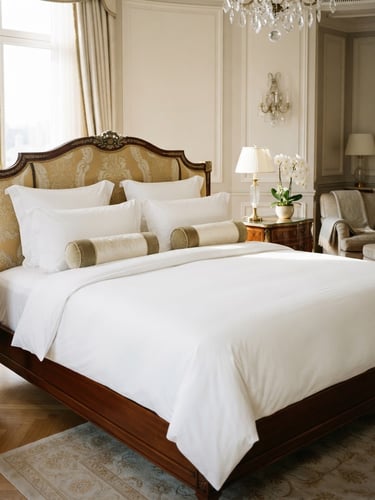 Pristine white 500 TC linens on a massive king-size bed in a sunlit royal suite, luxury hotel interior, editorial photography, soft natural daylight, 35mm