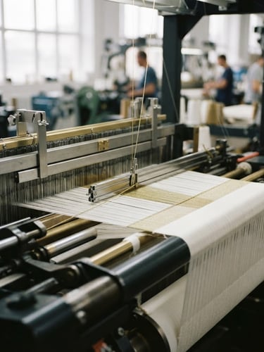 Industrial modern textile weaving loom machine, precise mechanical movement, soft natural light reflecting on crisp white threads, luxury factory setting, 35mm photography