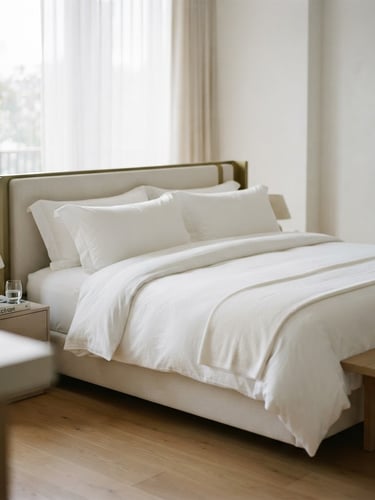 Minimalist luxury hotel suite with crisp white linens, soft morning daylight, shallow depth of field, high-end editorial photography style