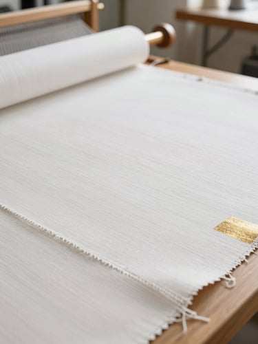 A modern textile designer examining a fabric sample under natural light, high-end weaving studio environment, professional, 35mm