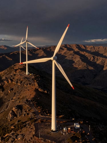 Fotografía aérea de alta resolución de una central eólica en la cordillera andina, luz dramática de atardecer, relieve montañoso texturizado y vasto espacio negativo.