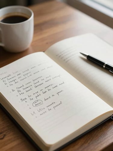 Close-up environmental shot, soft afternoon window light, open notebook with handwritten financial projections and circled assumptions on a wooden desk, a half-empty coffee cup and a pen at rest beside the page, shallow depth of field