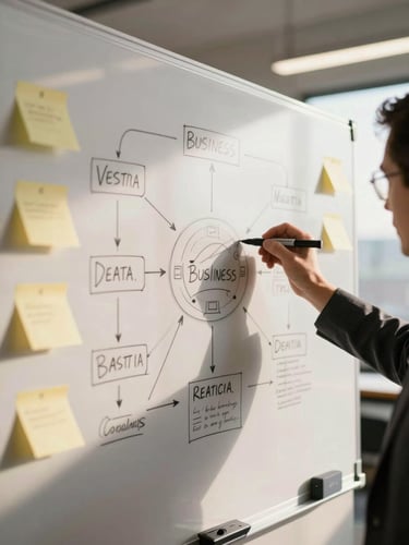Wide environmental shot, natural north-facing light, a founder's hand sketching a business model canvas on a large whiteboard, marker lines and annotated sticky notes visible mid-frame, blurred workspace in the background, warm afternoon light catching the surface