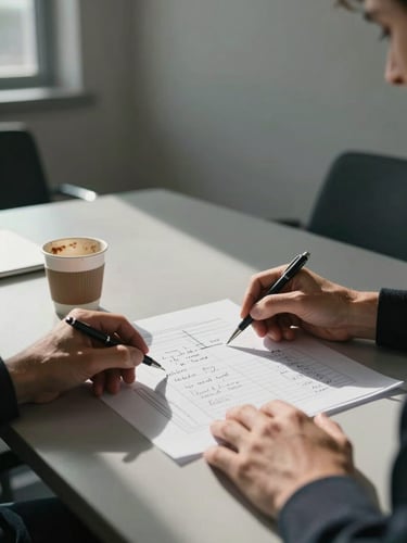 Wide environmental shot, left-edge bleed — a meeting room table corner under natural north-facing daylight, two sets of hands reviewing a printed financial model with handwritten annotations, a half-empty coffee cup and a pen resting on the sheet, documentary framing with generous negative space at the top of the frame