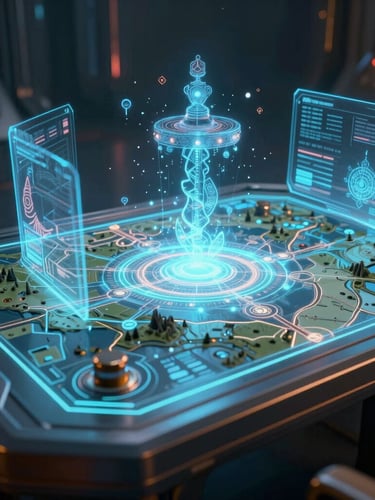 Futuristic 3D holographic tactical map glowing on a digital command center table for strategic planning.