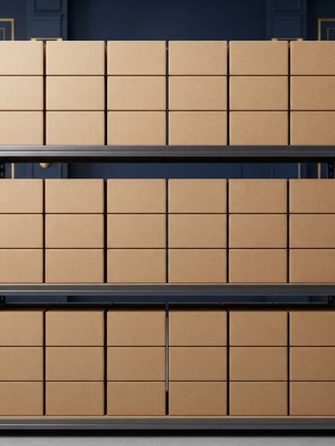 Crisp straight-on product photography of neatly stacked cardboard shipping boxes on clean metal warehouse shelves, bright studio lighting, deep navy background accents, professional commercial style.