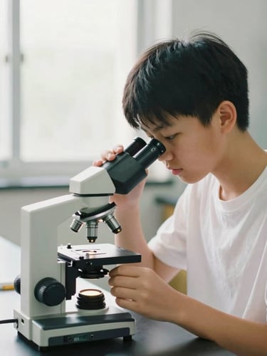 A medium shot of a high school student in a bright science lab, carefully adjusting a microscope under soft natural window light, shallow depth of field