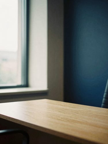 Warm editorial photography of a modern, sunlit law office interior, soft natural light through a window, deep navy and sand tones, 35mm