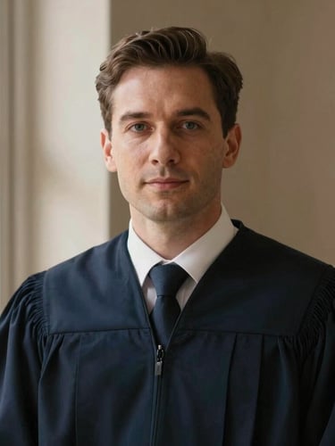 Warm editorial portrait of a professional lawyer looking directly at the camera with a confident, calm expression, soft natural window light, 35mm