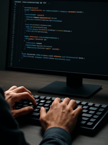 Over-shoulder technical perspective of a developer's hands on a mechanical keyboard, dark IDE visible on monitor with syntax-highlighted code in monospace font, clean workspace, sharp studio lighting