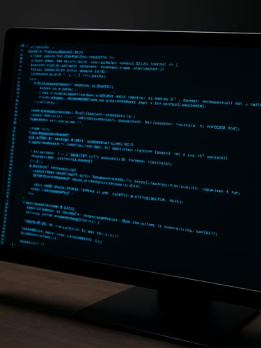 Close-up overhead shot of a dark monitor displaying dense code on a black terminal background, electric cyan syntax highlighting visible, clean desk surface edge at bottom, sharp studio lighting from above left