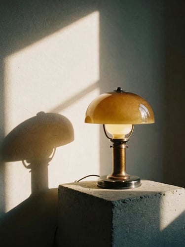 Moody editorial photograph of a curved amber glass table lamp lit on a raw concrete pedestal, deep soft-edged shadows, natural late-afternoon light, 35mm film.