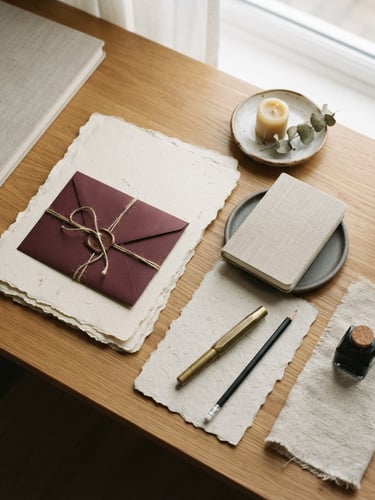 Elegant workspace detail with textured paper mockups, soft diffused daylight, warm neutrals and a hint of burgundy, 35mm photography