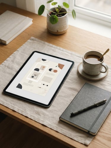 Elegant workspace detail with an iPad showing a minimalist Canva layout, soft north-facing daylight, warm neutral tones