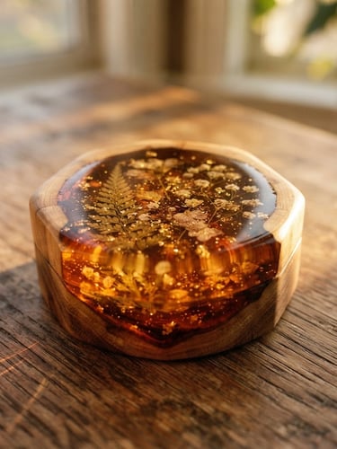 Gros plan sur un écrin en résine époxy et bois, la résine ambrée translucide captant la lumière rasante du soleil couchant, des inclusions botaniques et des paillettes dorées visibles, posé sur une table en bois rustique, profondeur de champ peu profonde, 35mm.
