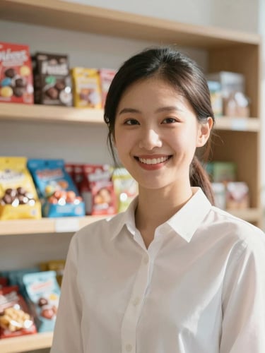 Close-up of a friendly sales operator smiling in a bright, sunlit office, with boxes of colorful wholesale candies and chocolates stacked neatly on wooden shelves behind.