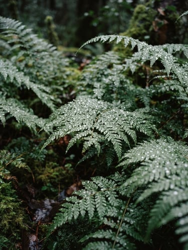 Close-up macro shot of native green ferns wet with morning dew, soft natural overcast daylight, muted forest tones, 35mm film.