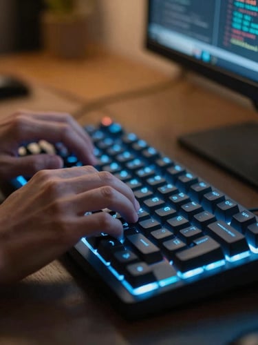 A close-up of a software developer's hands typing on a mechanical keyboard, illuminated by the cool blue glow of code on a screen, with warm amber ambient light in the background, sharp focus.