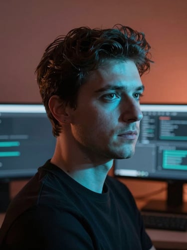 Dramatic portrait of a software architect in deep focus, cool cyan light from dual screens illuminating one side of their face, warm terracotta ambient light in the background, professional studio lighting.