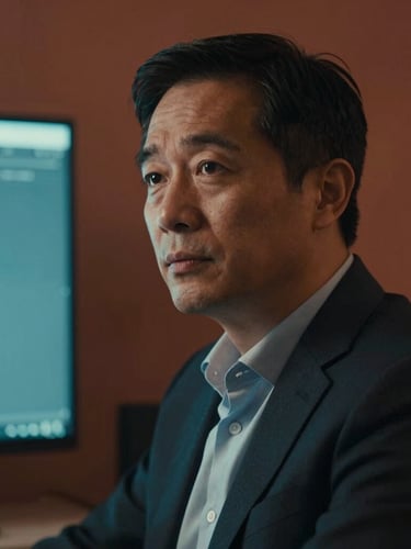 Intimate candid medium-close-up of a corporate leader in deep focus, illuminated by the cool cyan glow of a screen mixed with warm terracotta ambient light in a dark room.