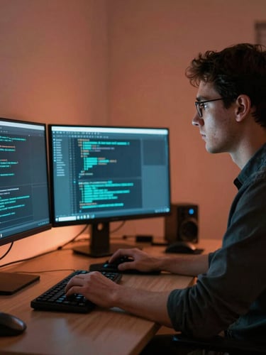Dramatic chiaroscuro medium shot of a software developer looking at code screens reflecting electric cyan light, warm terracotta ambient light in the background, high contrast, professional atmosphere.