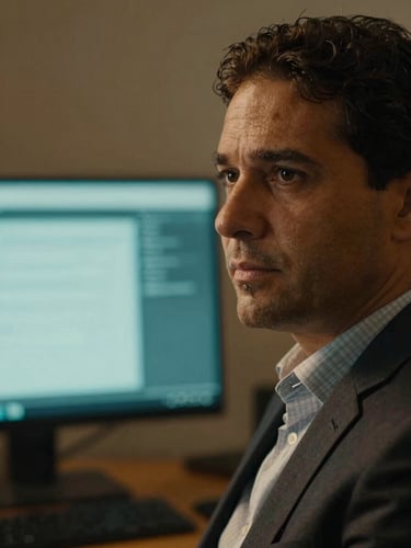 A close-up portrait of a corporate director in Belém reflecting in a dimly lit office, warm amber lighting hitting his face, cool cyan glow from a monitor in the background, cinematic depth of field.