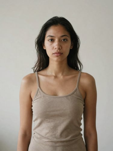 An intimate portrait of practitioner Pyara Marie in a serene, naturally lit studio, soft daylight, muted earth tones, minimalist composition, 35mm.