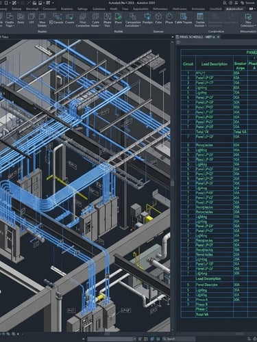 Revit electrical model screenshot, complex conduit routing highlighted in electric blue, technical parameters and automated schedule table visible in split-screen, high-contrast dark mode UI, sharp digital rendering, 8k resolution