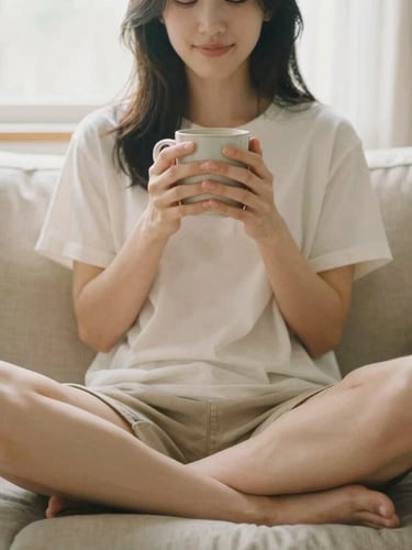 A relaxed woman sitting cross-legged on a cozy warm beige sofa, holding a ceramic mug in both hands, soft morning light filtering through a window, shallow depth of field, 35mm film style.