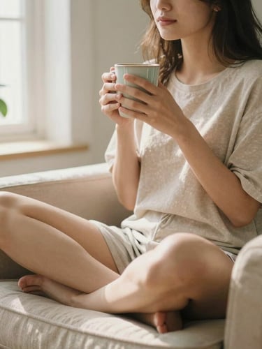 A relaxed woman sitting cross-legged on a cozy beige armchair, holding a warm ceramic mug, soft diffused morning light streaming through a window with a green plant in the background, shallow depth of field, 35mm film style