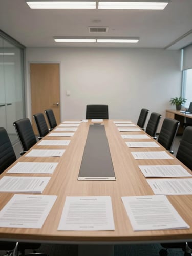 Wide environmental shot of a corporate meeting room, empty chairs around a long conference table, contracts and printed documents spread across the surface, clean overhead office lighting, no people, viewed from the doorway end with generous negative space on the left side