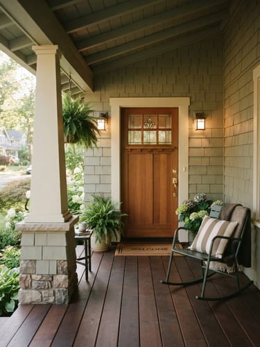 Soft morning daylight on a clean, modest craftsman home porch, warm editorial photography, 35mm lens