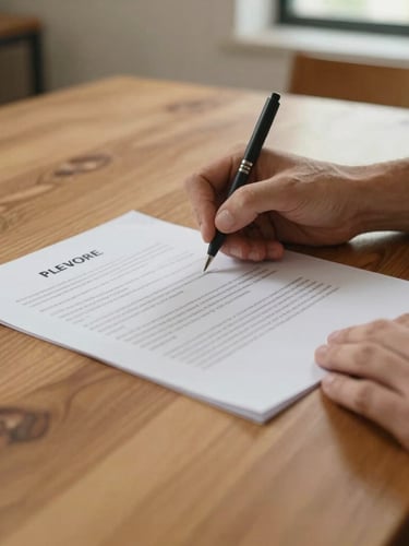 Warm editorial photography of a close-up of hands signing clean closing documents on a warm wooden table, soft natural daylight, authentic residential setting, 35mm lens
