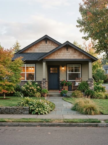 Warm editorial photography of a modest, well-maintained suburban home, soft morning daylight, muted earth tones, authentic residential setting, 35mm lens
