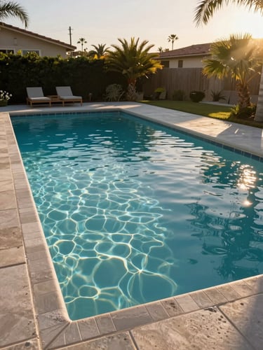 Wide residential pool in a Coastal Orange County backyard photographed from a low angle at golden hour, crystal-clear water surface catching late afternoon light, clean tile edge and coping in sharp focus, palm frond visible at the upper right, no people