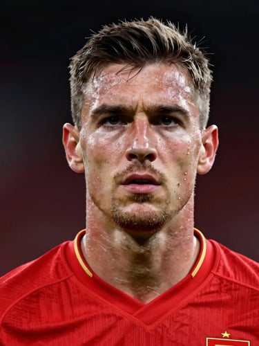 A close-up dramatic portrait of a team captain wearing a red jersey, intense expression, red and gold rim lighting, dark background, high-contrast